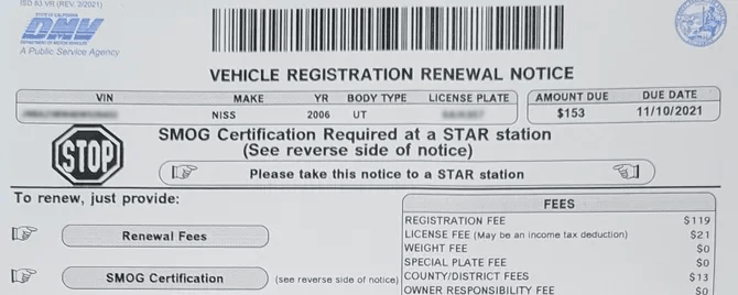 CA DMV Registration Renewal Notice